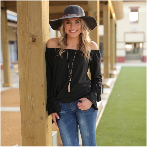 LAST ONE! Black Off Shoulder French Terry Tie Top - Picture 3 of 3